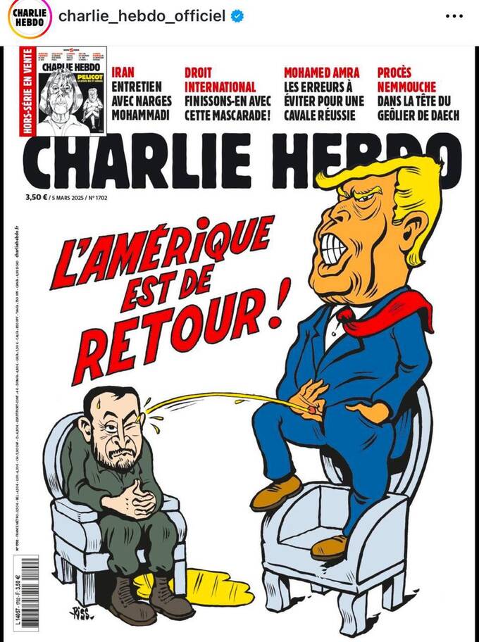 «Америка вернулась»: журнал Charlie Hebdo отреагировал на конфликт Трампа и Зеленского qheirtikxikrmf